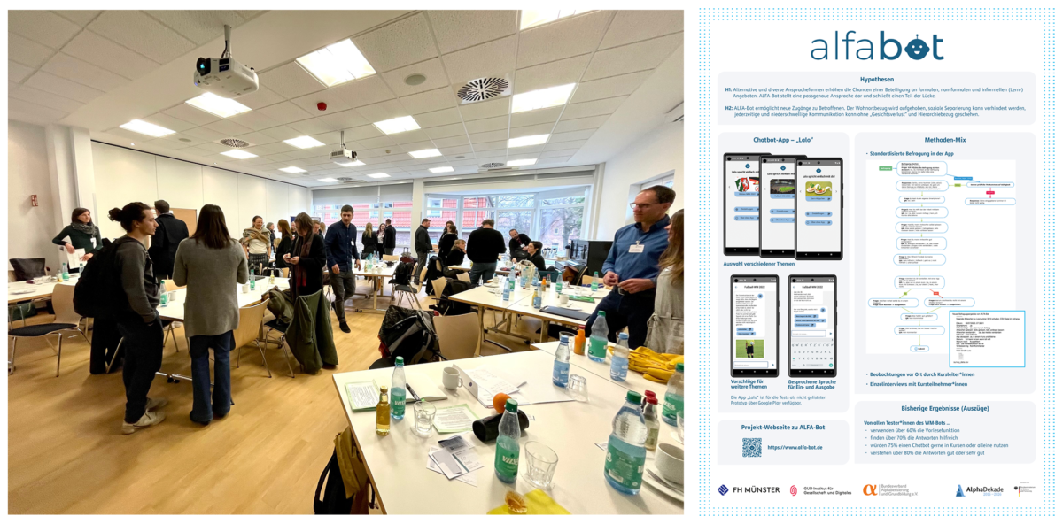 Bild mit Teilnehmern vom Vernetzungstreffen in Hannover. Daneben Projektplakat von ALFA-Bot